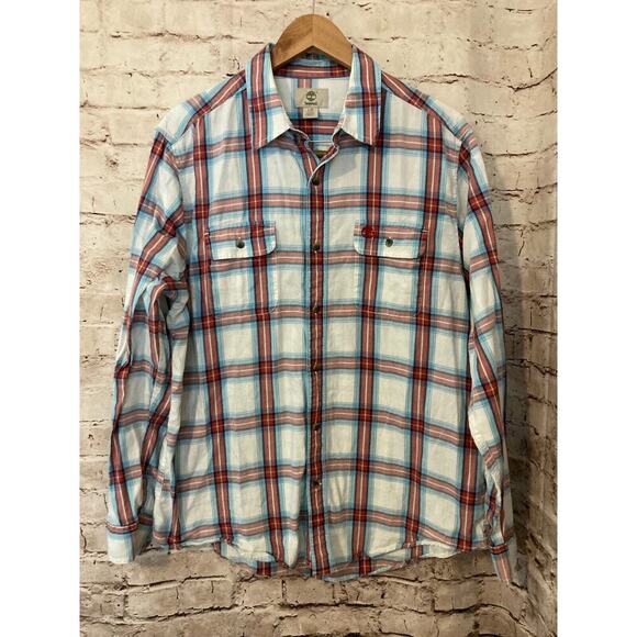 Timberland Shirt Mens Large Multicolor Plaid Button Up Regular Fit Cotton - Picture 1 of 14